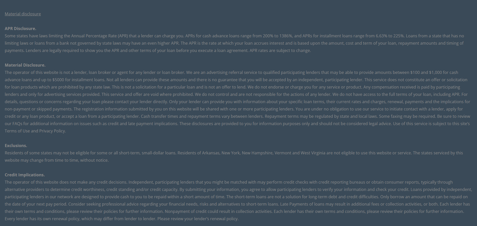 Material disclosure for payday loans in Simi Valley California